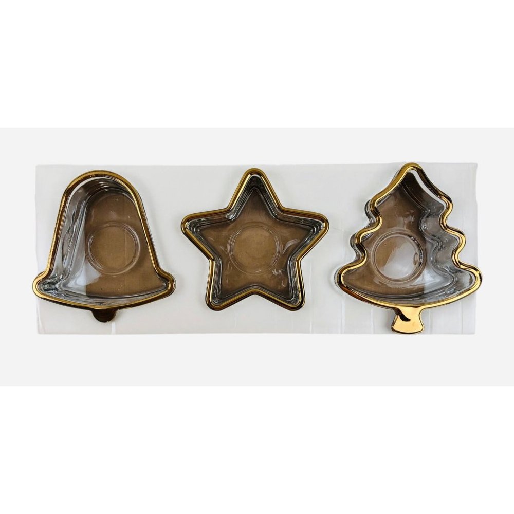 Holiday Gold Indiana Glass Christmas Candy Serving Dish Candle Holder Set of 3 - Picture 7 of 10